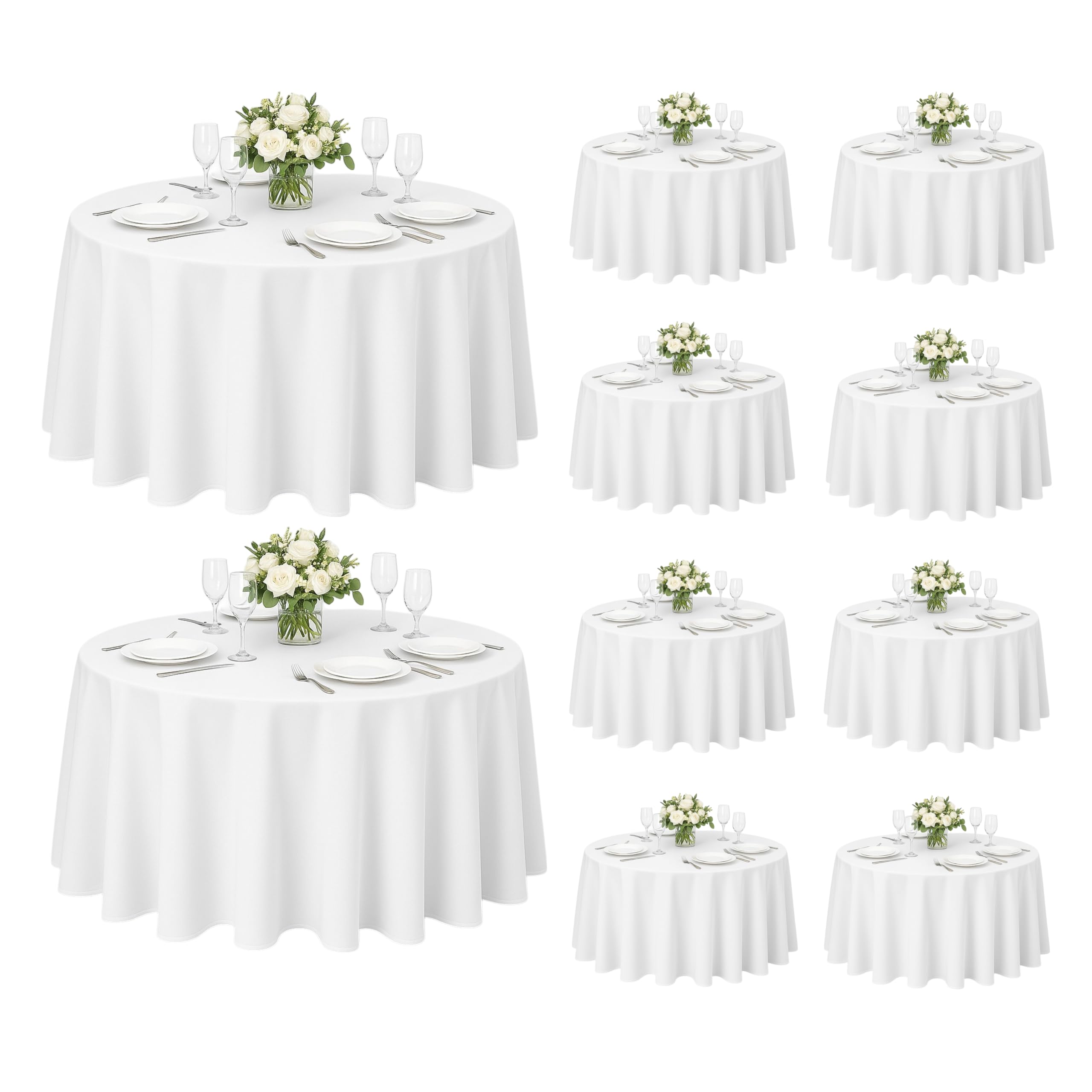 Craft And Party 10 Pack 108 Inch White Round Tablecloth, Polyester Fabric Washable Table Cloth for Home, Party, Wedding or Restaurant Use.