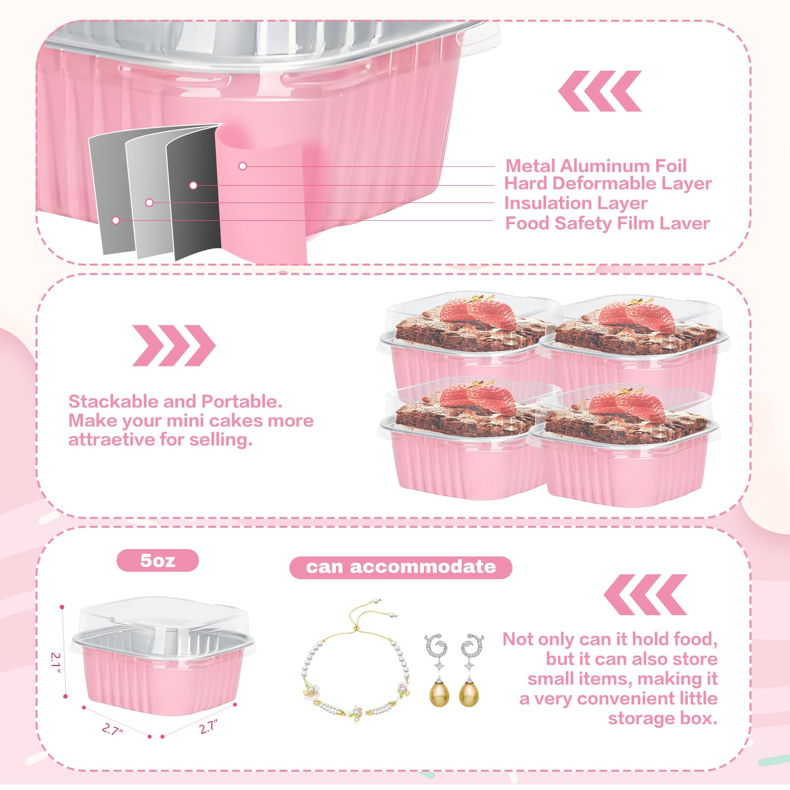 ylnurac 100Pack 5oz Pink Mini Cake Pans with Lids Baking Cups Aluminum Foil Pans Tins, Individual Dessert Cups Containers for Sales,Party,Picnics