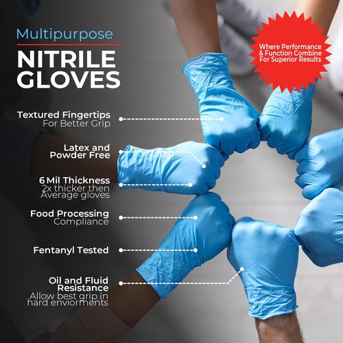 London Labs Heavy Duty 6 Mil Blue Nitrile Gloves Disposable Latex & Powder Free -Extra Stretchy Fentanyl Safe |Medical,First Aid Kit,EMT|Food Safe Rubber Gloves for Cooking & Cleaning|Bulk Pack (1000)