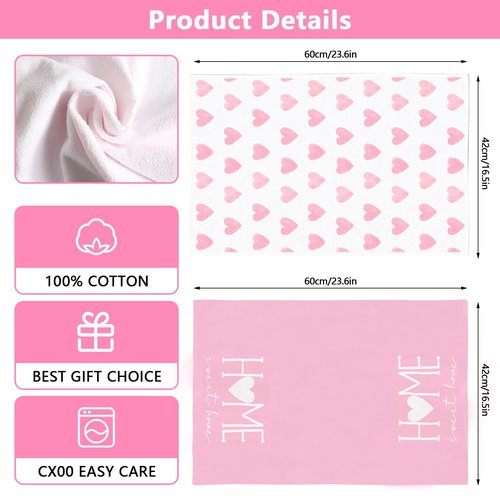 MEYUEWAL 2PCS Pink Heart Love Home Sweet Home Valentine's Kitchen Towels Dish Towels for Wedding Party Anniversary Valentine's Day (16.5x23.6 Inch)