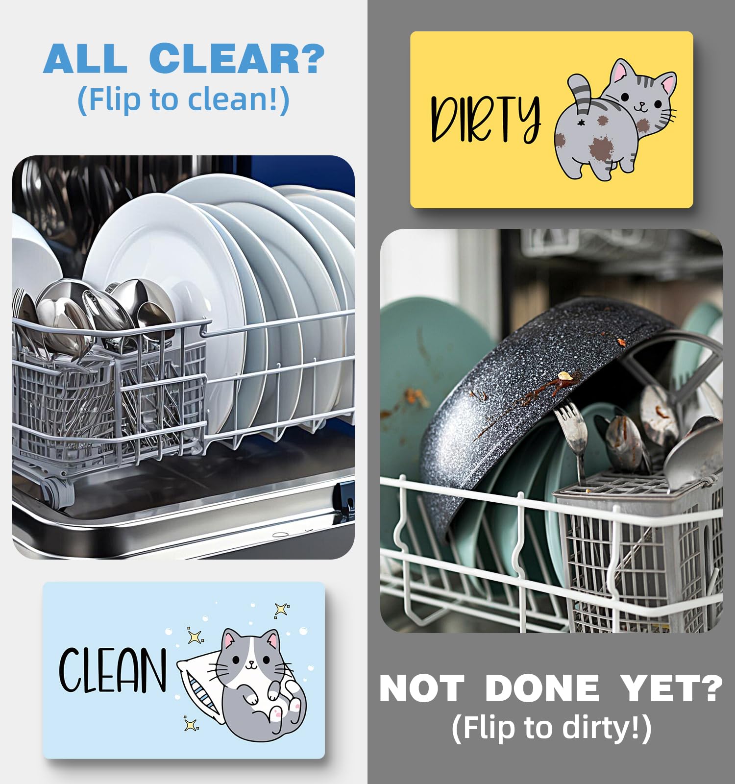 Funny Cute Cartoon Cat Dishwasher Magnet Clean Dirty Sign, Double Sided Dirty Clean Dish Washer Magnet Indicator for Kitchen