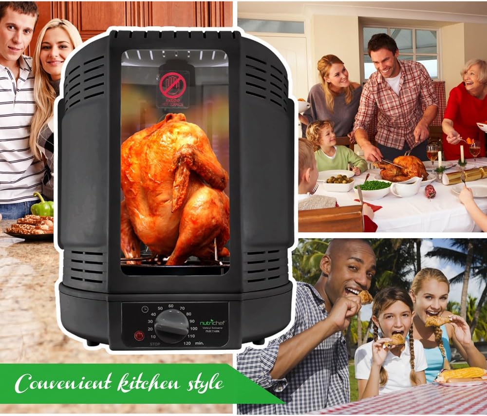 NutriChef Vertical Countertop Rotisserie Oven - Rotating Shawarma & Kebab Machine with Skewer, Rack & Drip Tray