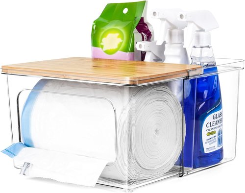 iCASA Trash Bag Dispenser - 2-in-1 Acrylic Organizer with Bamboo Lid | Holds Up to 100 Large Rolls for Kitchen & Pantry