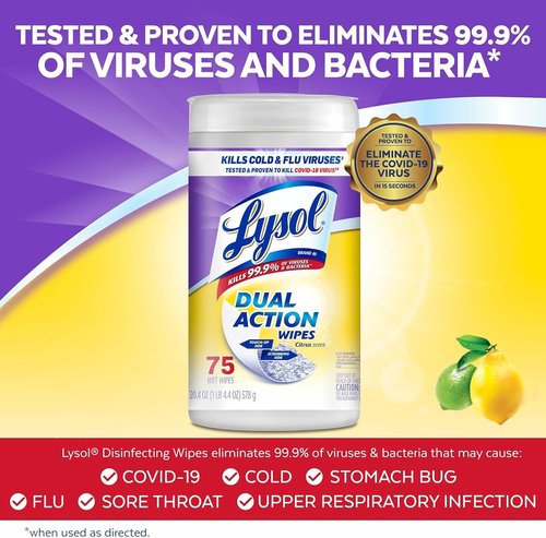 Lysol Dual Action Disinfectant Wipes - Multi-Surface Antibacterial Scrubbing Wipes, Citrus Scent, 75ct (Pack of 4)