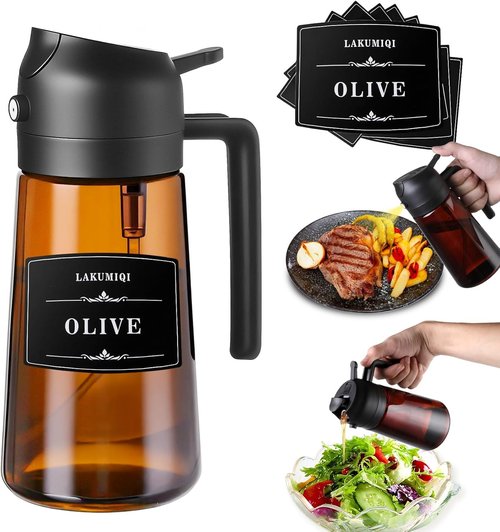 LAKUMIQI Olive Oil Sprayer | 2-in-1 Glass Dispenser & Mister – 16oz, Non-Aerosol, Leak-Resistant for Cooking & BBQ
