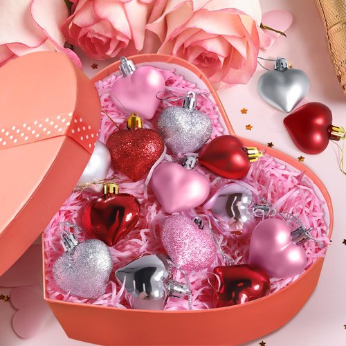 36Pcs Heart Ornaments Valentines Day Decorations Red Pink Silver Glitter Valentines Ornaments for Tree Hanging Heart Shaped Ornament for Wedding Anniversary Party Supplies