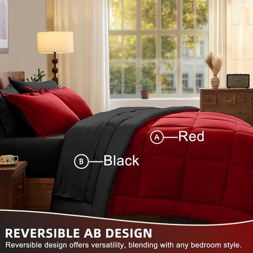 FUANNA Queen Comforter Set - 7-Piece Reversible Bedding Set with All-Season Premium Comforter | Red & Black