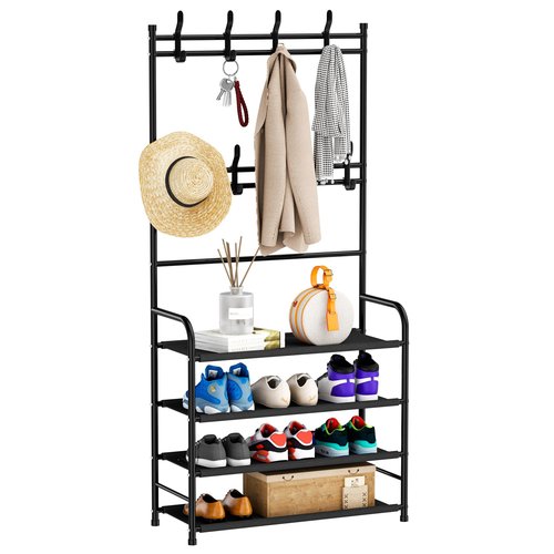 darsun Entryway Coat Rack, Shoe Rack for Entryway, Coat Rack Freestanding with 4-Tier Storage Shelves and 8 Double Hooks, for Living Room, Bathroom, Hallway, 60CM/21.6 IN