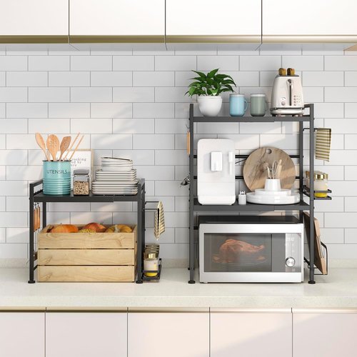 DOLALIKE Microwave Oven Rack - Expandable Countertop Storage with 6 Hooks | Durable Carbon Steel Design
