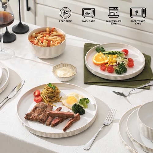 Frewinky Stoneware Dinnerware Sets for 4,12 Piece Kitchen Plates and Bowls Set,Reactive Glaze Porcelain Dinnerware Sets Scratch Resistant,Dishwasher and Microwave Safe,White