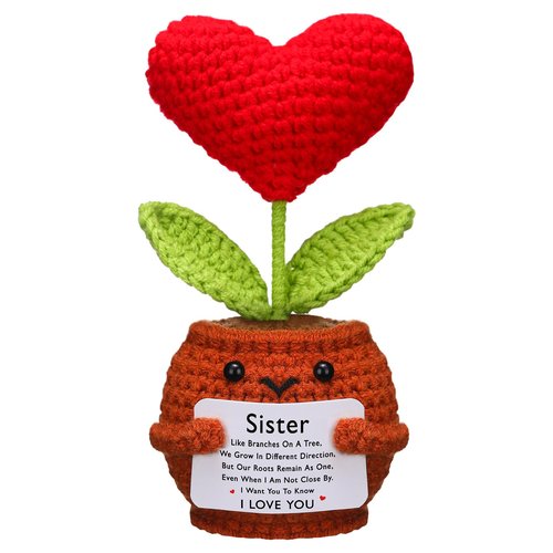 Wavwavw Valentine Galentine's Day Gifts for Sister Handmade Crochet Doll with Card Crochet Present for Sisters Sis Big Little Sister Birthday Wedding Home Decor(Valentine Heart)