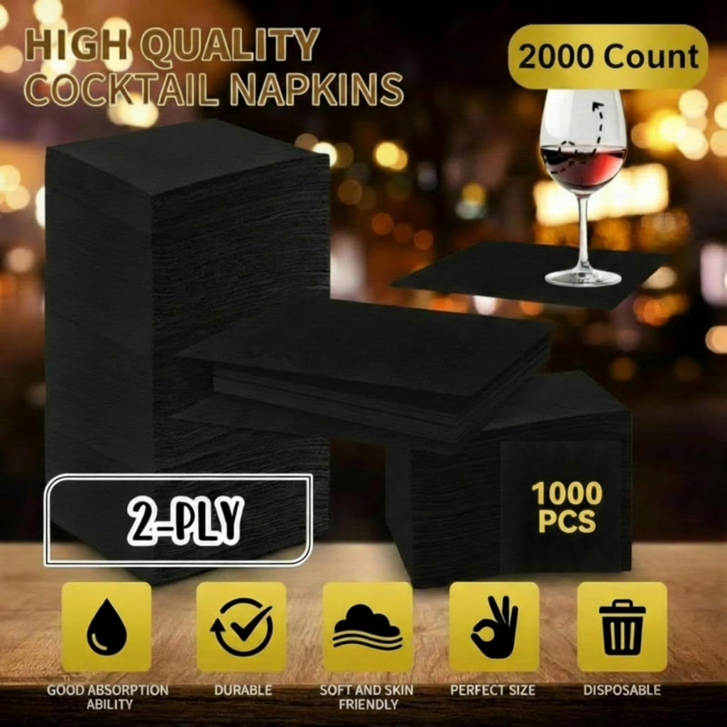 Henoyso Black 2000 Pack Cocktail Napkins Bulk 2 Ply Disposable Dinner Beverage Paper Napkins for Wedding Bar Party Birthday Cocktail Holiday Elegant Restaurant Event(Elegant)
