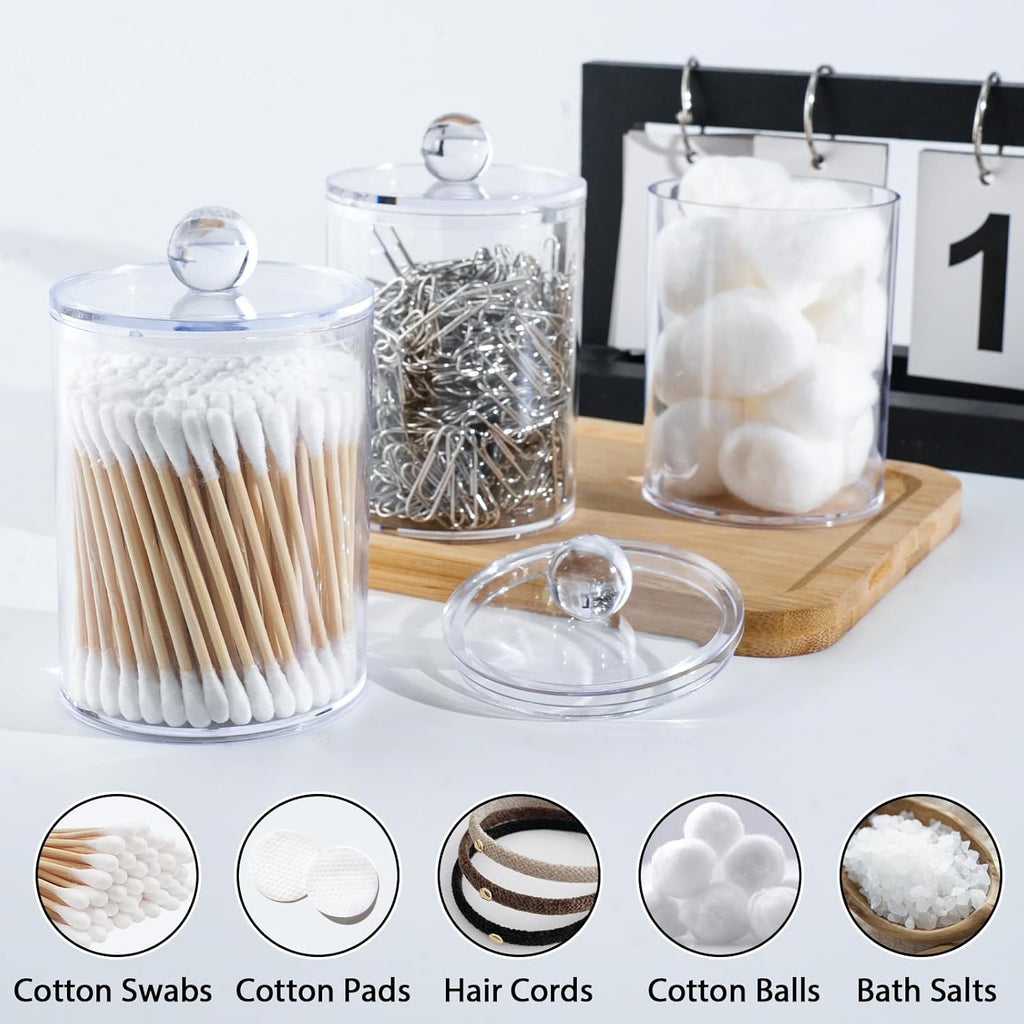XIPENGKEJI Qtip Holder Set - 4 Pack Apothecary Jars with Lids for Bathroom Organization | 10oz-12oz Plastic Canisters