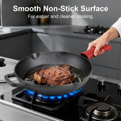 CUISGUSTO 12 Inch Cast Iron Skillet with Tempered Glass Lid, Pre-Seasoned for Consistent Heating, Silicone Handle Cover & Pan Scraper, Ideal for Holiday Cooking & Gifting