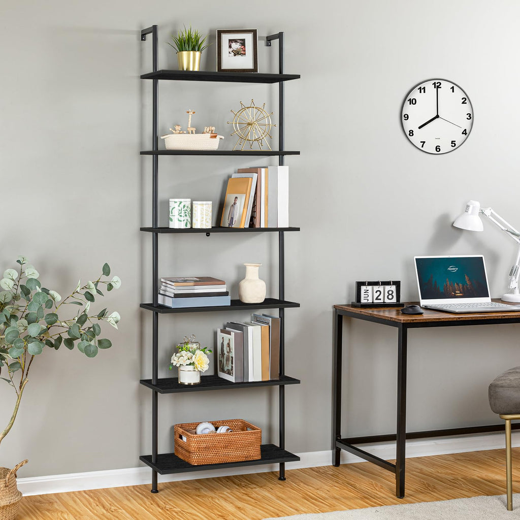 HOOBRO DIY Ladder Shelf, 6-Tier Wall Mounted Bookshelf, Office Vertical Bookcase, Wooden Storage Shelves for Home Office, Bedroom, Black BB65CJ01
