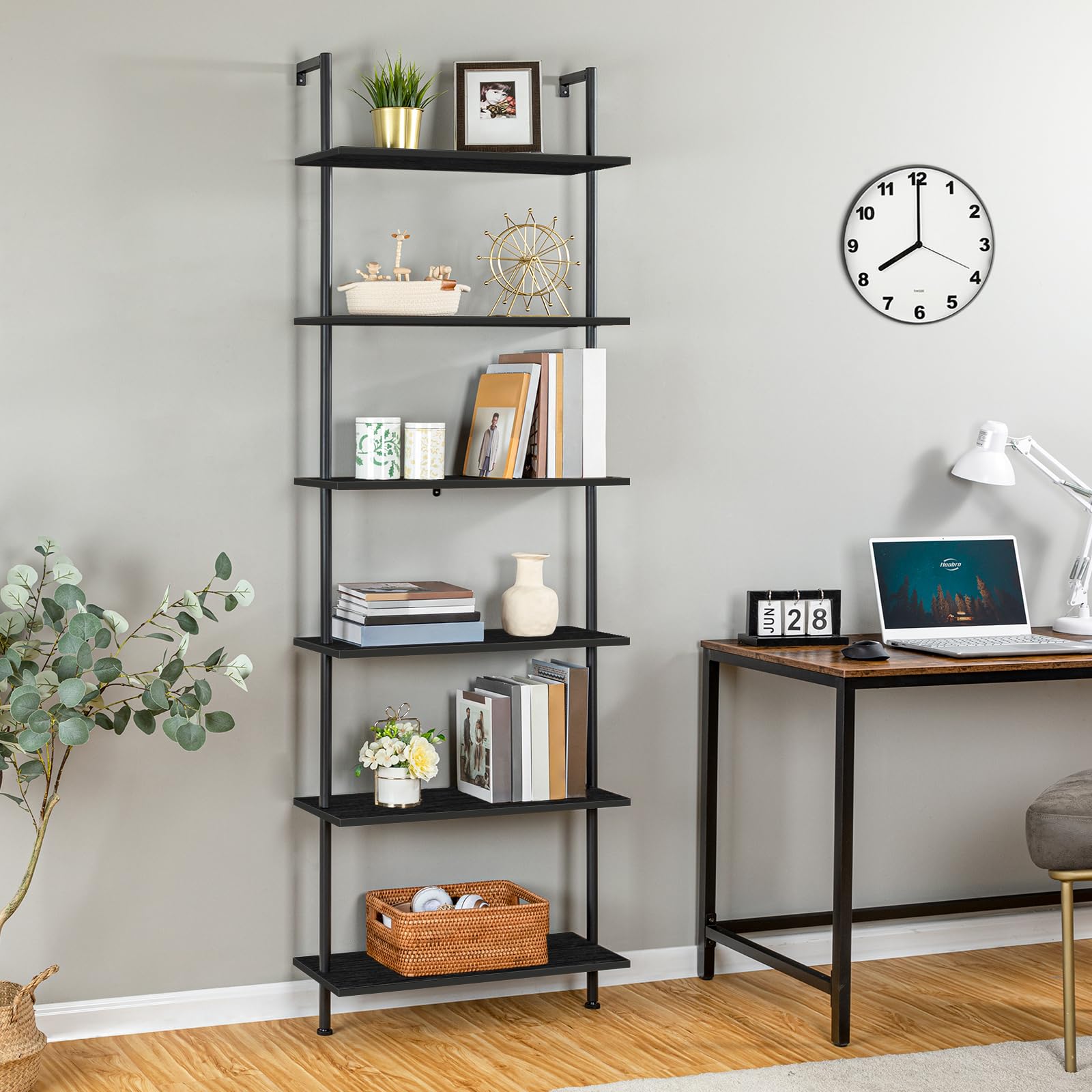 HOOBRO DIY Ladder Shelf, 6-Tier Wall Mounted Bookshelf, Office Vertical Bookcase, Wooden Storage Shelves for Home Office, Bedroom, Black BB65CJ01