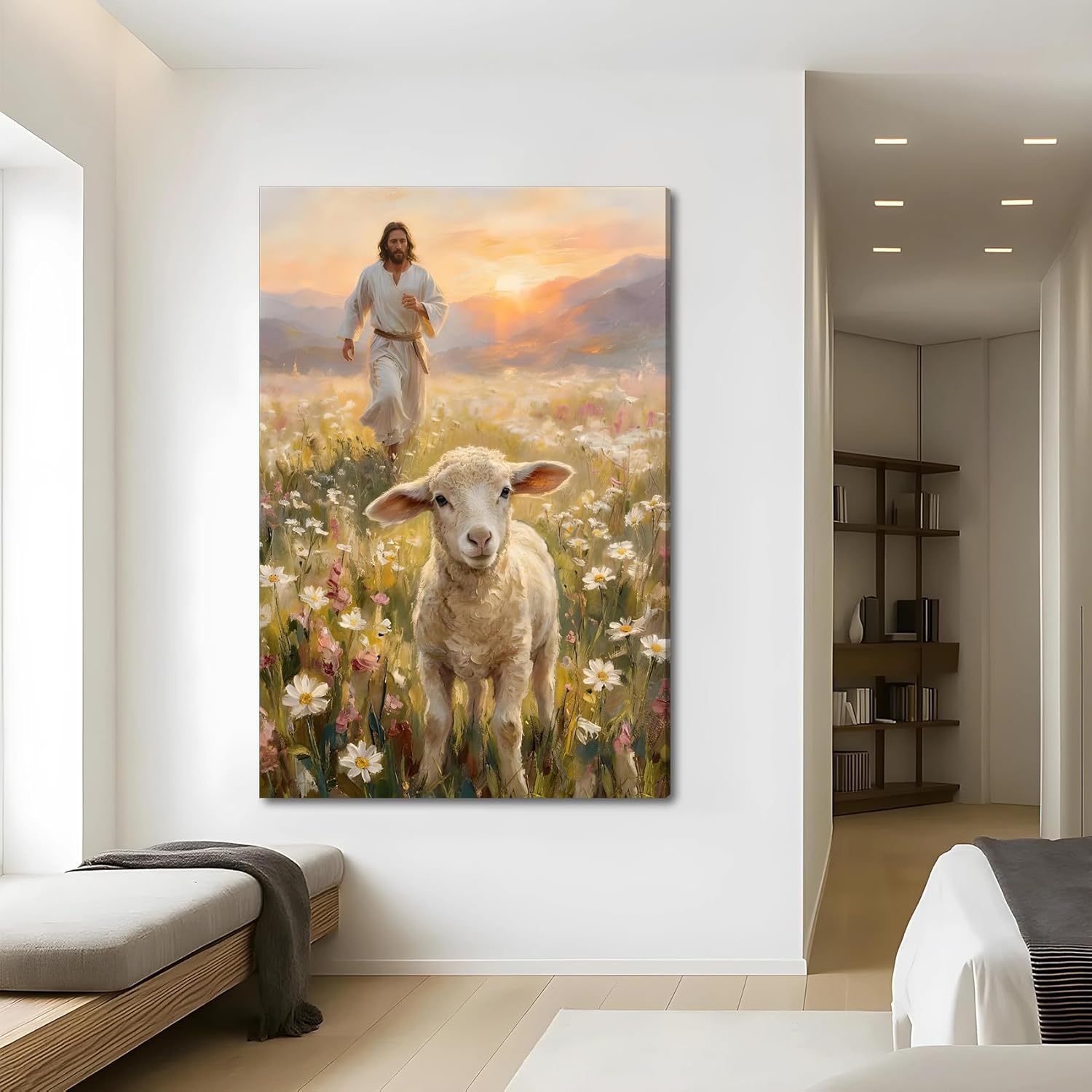 SIXWOOD Canvas Wall Art - Good Shepherd Jesus with Lost Sheep | Framed 12x16 in Christian Decor