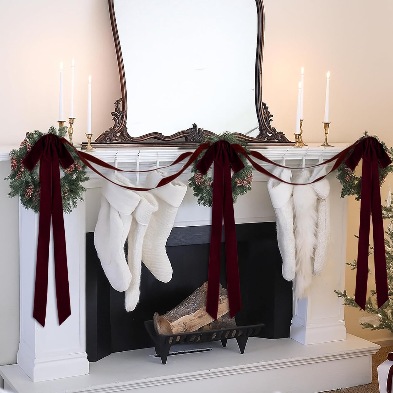 Skiennix 24 Pcs Velvet Bows - Vintage Ribbon Decorations for Christmas Tree & Crafts | Burgundy, 9 x 13 Inch