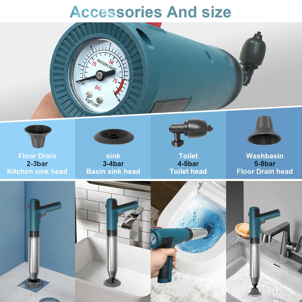 RisxhgYses Electric Toilet Plunger,High Pressure Toilet Plunger,For Bathroom Floors Shower Kitchen Drain Sinks Unclogger, Heavy Duty Clog Remover Declogger Toilet Plumbing Clogs