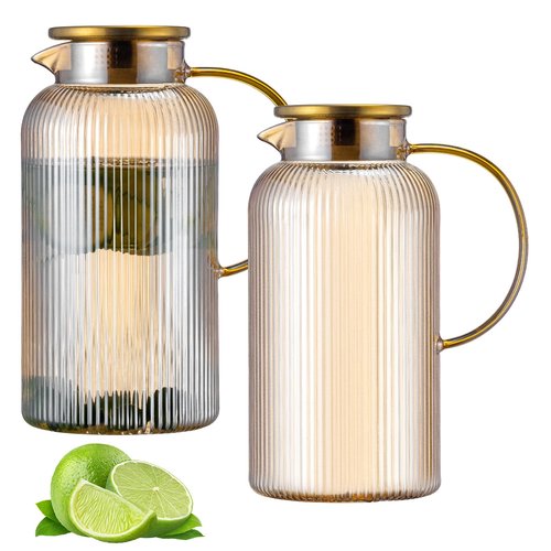 Buaic 2 PACK Glass Pitcher with Lid, 68 oz/ 2 Liter Amber Classic Vertical Stripes Water Pitcher,Glass Water Carafe for Cold Brew, Coffee, Lemonade, Iced Tea,Beverage, Heat Resistant Water Glass Jug