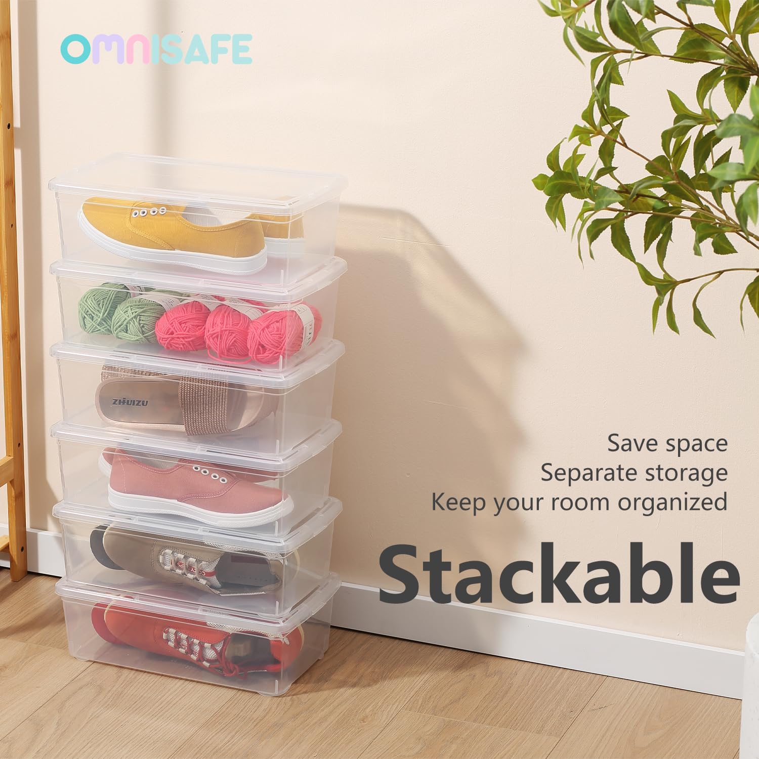 OMNISAFE Stackable Plastic Storage Shoebox, BPA-Free Nestable Container with Latching Lid to Organize Shoes, See-Through Box for Home and Office, Multi-Purpose Clear Bins (12 Pack 6 Quart)