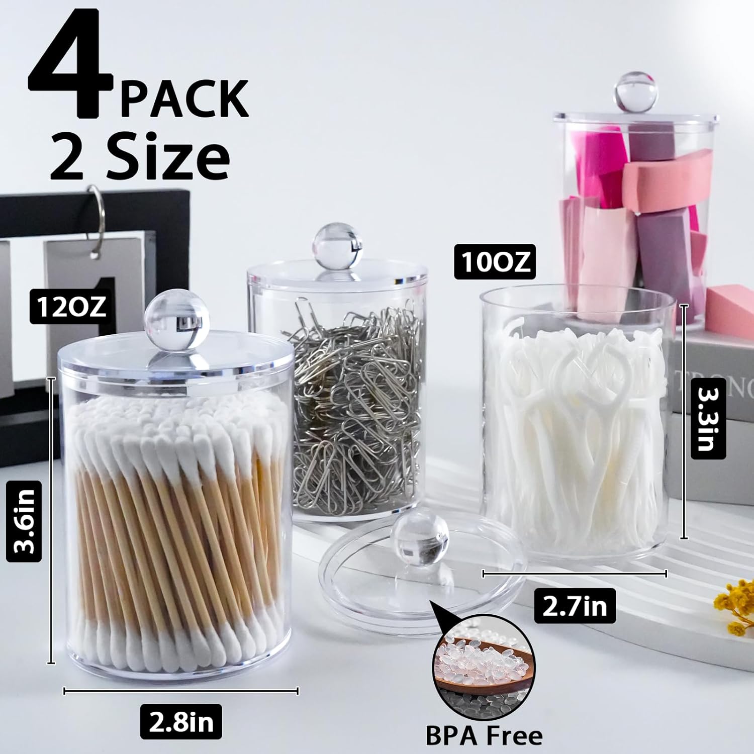 XIPENGKEJI Qtip Holder Set - 4 Pack Apothecary Jars with Lids for Bathroom Organization | 10oz-12oz Plastic Canisters