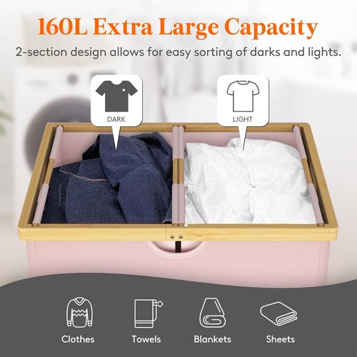 Lifewit 160L Double Laundry Hamper - Extra Large Bamboo Basket with Lid & Removable Liners | Pink