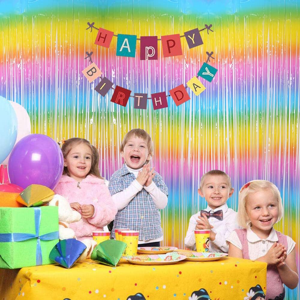 Skiennix Fringe Curtains - Tinsel Backdrop Decorations for Parties & Events | 3 Pack Macarone Rainbow