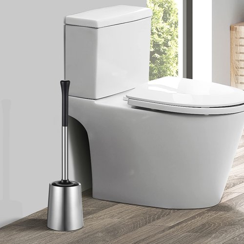 HAMITOR Toilet Bowl Brush Holder Set: Silicone Stainless Steel Deep Cleaning Toilet Cleaner Brush for Bathroom Restroom - Compact Modern Rv Toilet Scrubber Accessories with Caddy