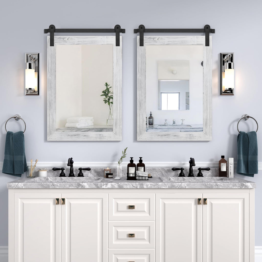 COGOOD Farmhouse Bathroom Mirror - 30 x 21 Rustic Wood Framed Wall Barn Door Mirror for Entryway, Living Room, Vanity Wall Decor (White)