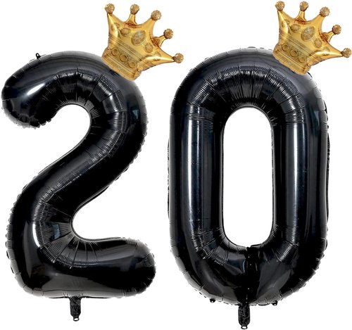 20th Birthday Decorations | Skiennix 40-Inch Black Number 20 Balloon with Gold Crown - Mylar Helium Foil