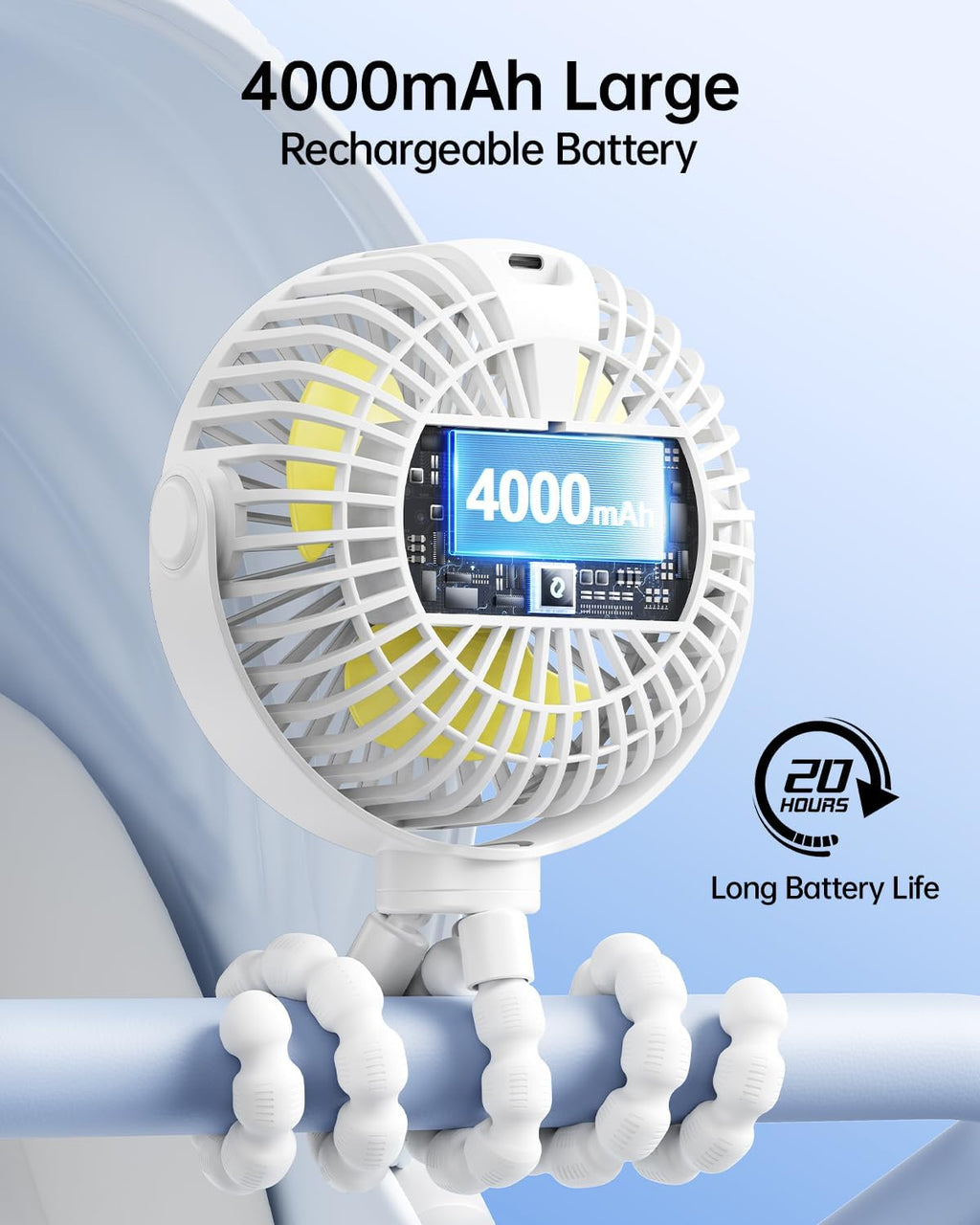 Sweetfull Portable Stroller Fan - 4-Speed Rechargeable Mini Clip-On Fan with LED Display | 360° Rotation, Ideal for Baby Travel (White)
