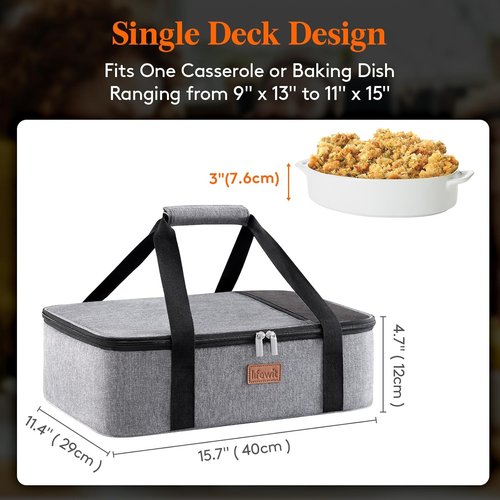 Lifewit Insulated Casserole Carrier - Perfect for Hot or Cold Food | Fits 9"x13" Baking Dish, Grey