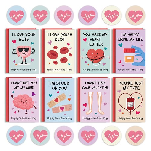 Leinessy 24 Pack Medical Valentine's Day Cards with Envelopes & Stickers, Medical Pun Valentine's Day Cards Bulk for Coworker Nurse Doctor Healthcare Workers - 4x6 Inch, 8 Assorted Designs