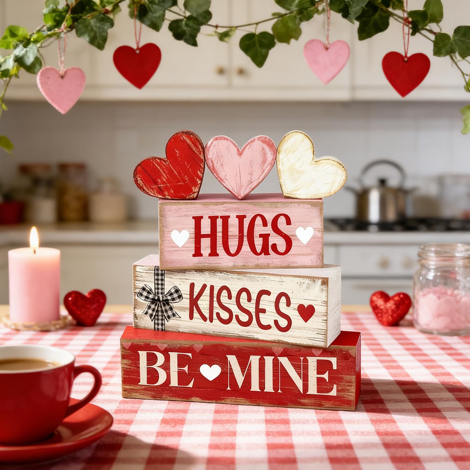 Valentines Day Decorations - Valentine Tiered Tray Decor Set - Wooden Table Decoration with Heart Signs - Rustic Farmhouse Valentine’s Day Home Decor Indoor for Shelf Mantel Coffee Table Gift