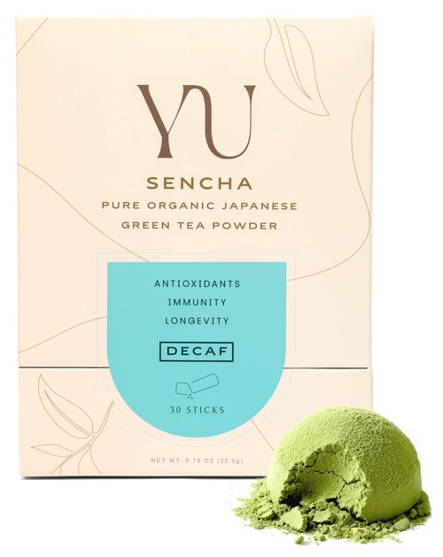 Yu Tea Decaf Organic Sencha Green Tea Powder, 30 Instant Packets | Rich in Antioxidants, EGCG, & L-Theanine | Pure Japanese First Harvest Leaf | Caffeine-Free & Unsweetened | Single Serve Sticks