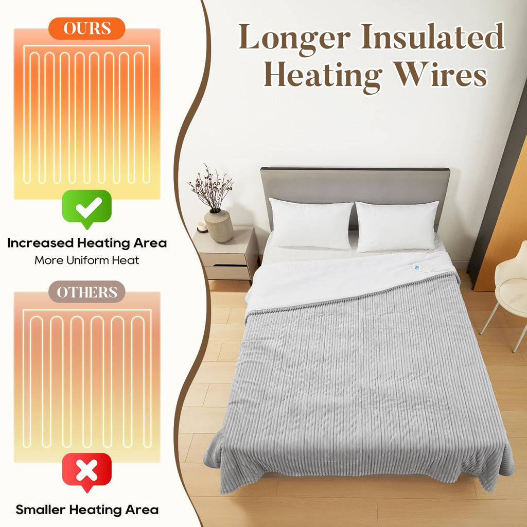 Electric Heated Blanket Queen Size 84" x 90" | 6 Heating Levels & 8h Auto Timer | Full Body Fast Heating and Ultra Soft Flannel, Machine Washable Bed Sofa Home Office Use, Light Grey