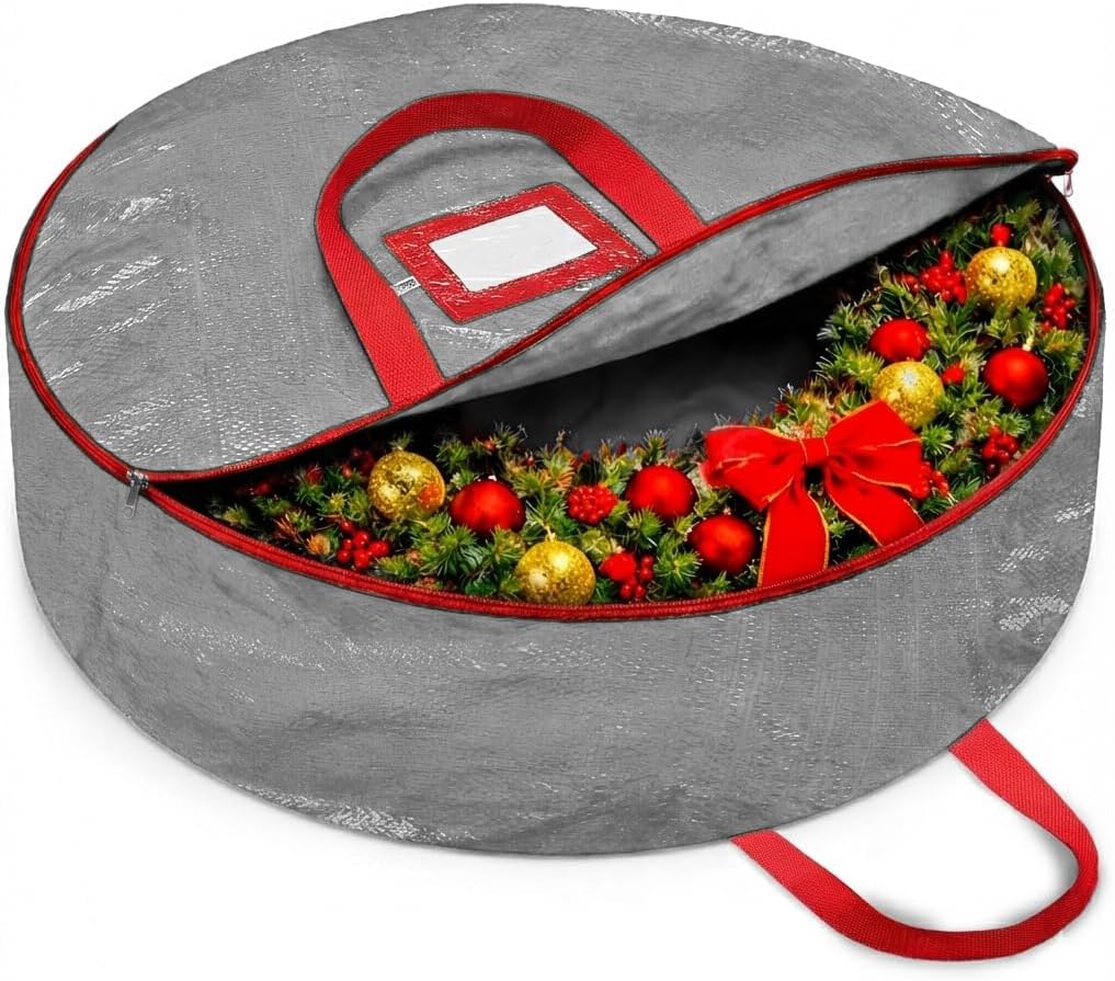 ZOBER Christmas Wreath Storage Container | 30-Inch Durable Bag with Dual Zippers & Strong Handles - Gray