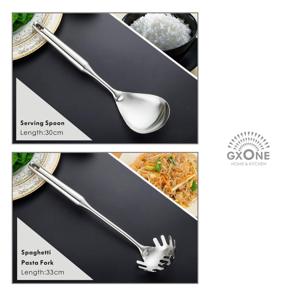 Kitchen Utensil Set – 6 Piece Stainless Steel Cooking Utensils with Rotating Holder Organizer Includes Slotted Spoon, Slotted Spatula, Large Spoon, Soup Ladle, Spatula, Pasta Server Silver/7PCS