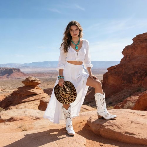 LingxiaUne Western Cowboy Boots - Stylish White Mid Calf Cowgirl Boots with Bow | Comfortable Chunky Heel for Women