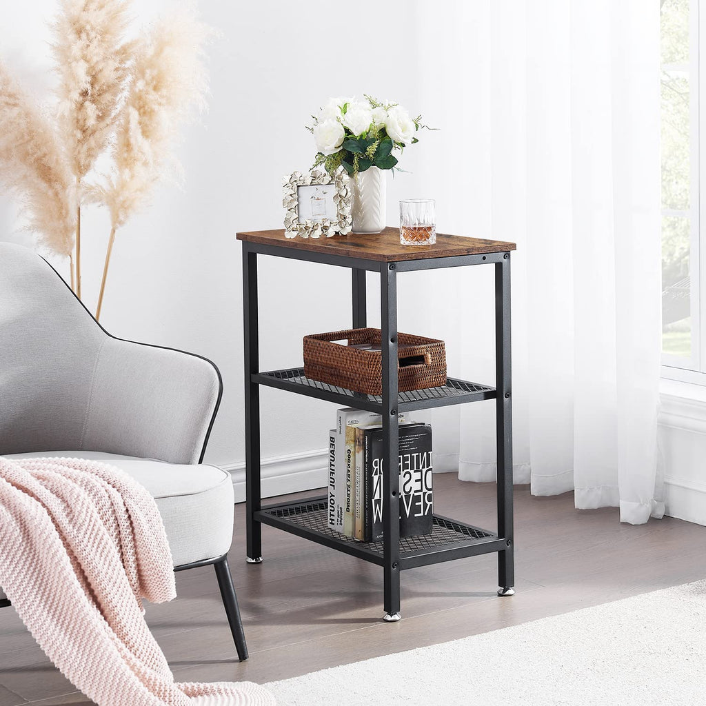 VECELO Tall End Side Tables,30" Height Nightstand with 3-Tier Storage Shelf for Bedroom Living Room, Easy Assembly,Industrial Style, Brown