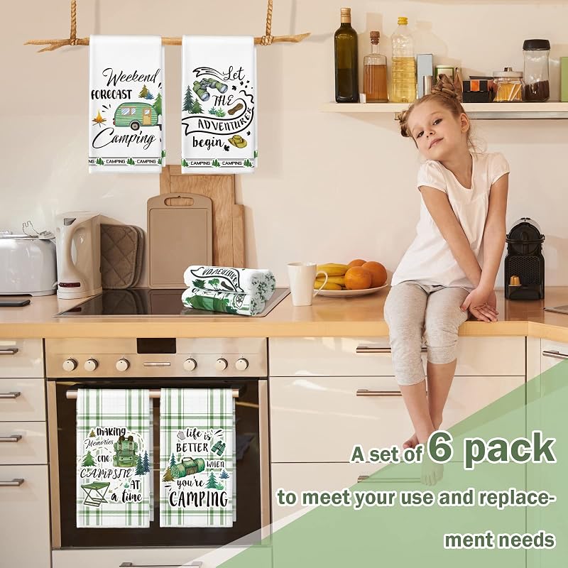 Camping Kitchen Towels 6 Pcs with Hanging Loop - Green Tent Design