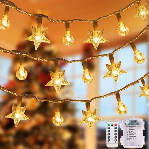LEXKAEQI 33Ft 80 LED Star String Lights,8 Modes Globe Fairy Lights Battery Operated with Remote&Timer,Waterproof Christmas Globe Lights for Indoor Outdoor Bedroom Garden Party Decor Warm White
