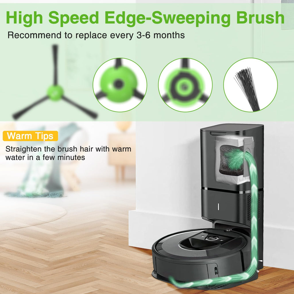 Replacement Parts for iRobot E, I & J Series, Combo i5, j5 Robot Vacuum Accessories Kit Include: 2 Set of Multi-Surface Rubber Brushes + 8 HEPA Filters + 8 Edge-Sweeping Brushes