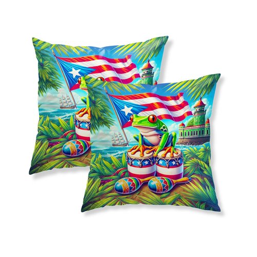 HOMETITUTE Set of 2 Puerto Rico Throw Pillow Covers 18x18 Inch Soft Decorative Coqui Frog Flag Drum Maracas Cushion Covers Tropical Island Culture Pillow Cases for Sofa Couch Bed Home Decor