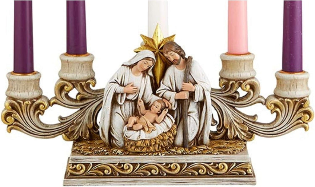 Needzo Advent Candle Holder - Gold Tone Holy Family Nativity Scene Centerpiece | 11 x 6.5 Inches