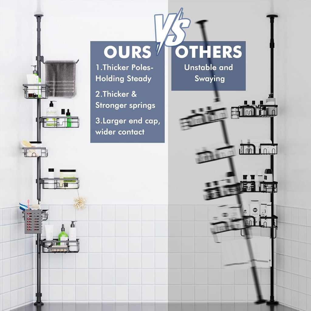 Shower Caddy Organizer - Rustproof Tension Pole with Adjustable 30-120 Inch Rack | 6-Pack Corner Shelf, Towel Bar & Soap Dish in Black