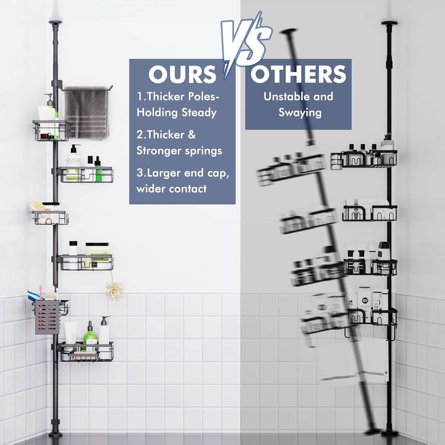 Shower Caddy Organizer - Rustproof Tension Pole with Adjustable 30-120 Inch Rack | 6-Pack Corner Shelf, Towel Bar & Soap Dish in Black