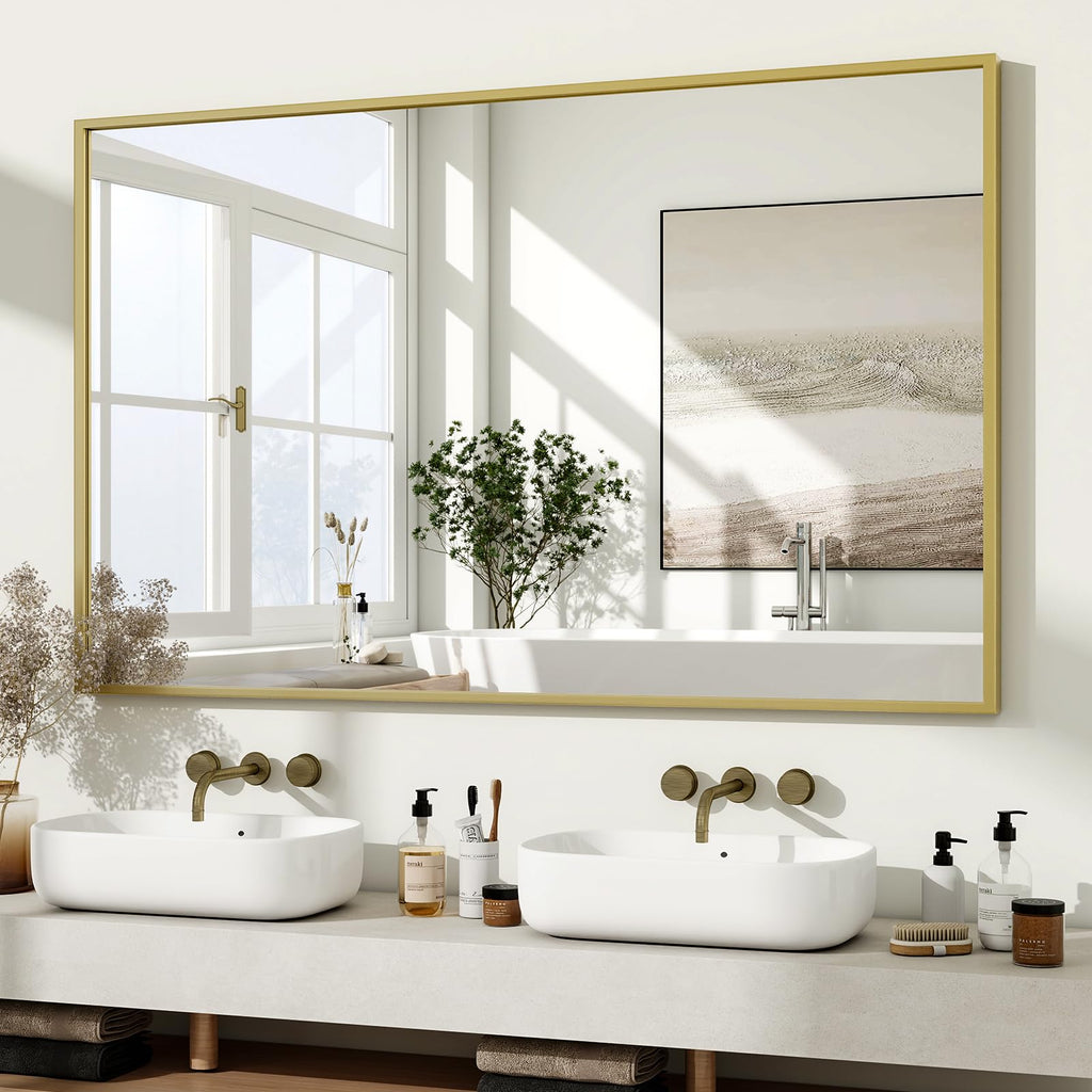 HARRITPURE 48"x30" Bathroom Mirror for Wall, Large Gold Framed Rectangle Mirror Aluminum Alloy Frame Wall-Mounted Horizontally/Vertically for Entryway/Bedroom/Vanity
