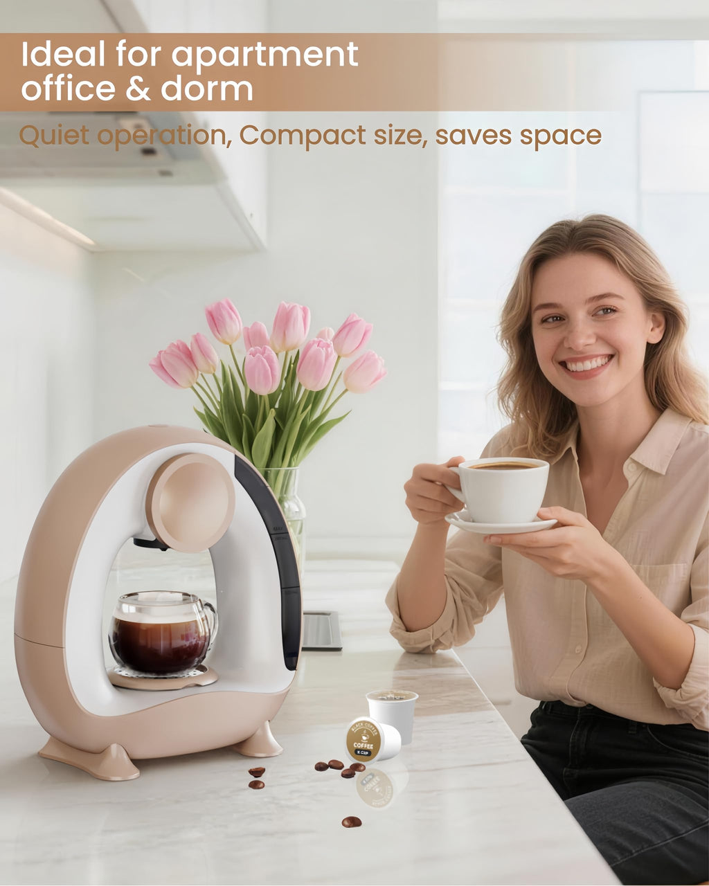 HAILASRE 3 in 1 Single Serve Coffee Maker for K Cup Brewer,Ground Coffee and Tea Leaves,1400W 20s Fast Heating Mini Q,One Button Operation, Outdoor Portable for Small Spaces（Coffee Cup NOT Included）